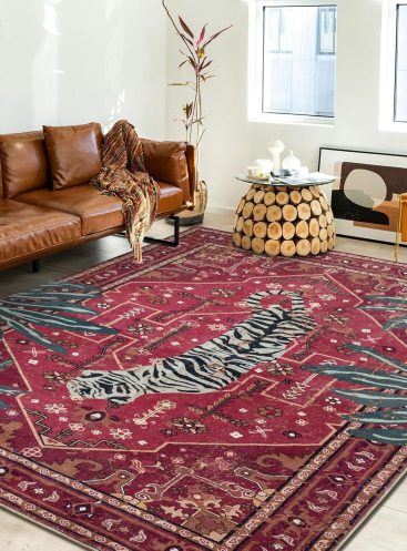 Tribal Rugs Summer Tropical 4x6 Area Rugs Wine Red Traditional Boho Vintage Oriental Rug Carpet for Bedroom Kitchen Dining Living Room Indoor Entryway Washable