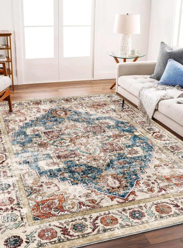 Washable Area Rug 5'x7' for Living Room Retro Beige Blue Boho Chic Medallion Distressed Design Indoor Non-Slip Large Persian Oriental  Throw Rug for Kitchen Bedroom Office Carpet