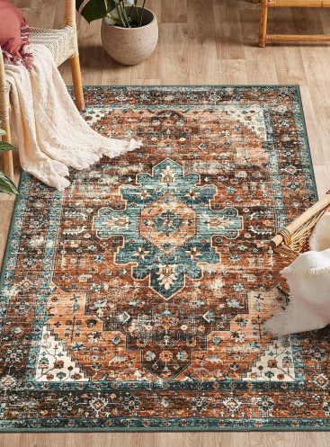Ultra-Thin Washable Vintage Area Rug - 3x5 Boho Non-Slip Entryway Rug Oriental Medallion Living Room Rug Entrance Mat Carpet for Kitchen Laundry Bathroom Bedroom, Brick Red/Dull Teal