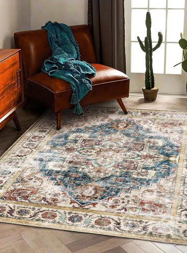 Washable Area Rug 5'x7' for Living Room Retro Beige Blue Boho Chic Medallion Distressed Design Indoor Non-Slip Large Persian Oriental  Throw Rug for Kitchen Bedroom Office Carpet